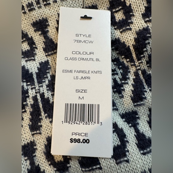 French Connection Fair Isle Black/Cream Knit Crew Sweater. Women’s Medium.‎ NWT. - Picture 2 of 5